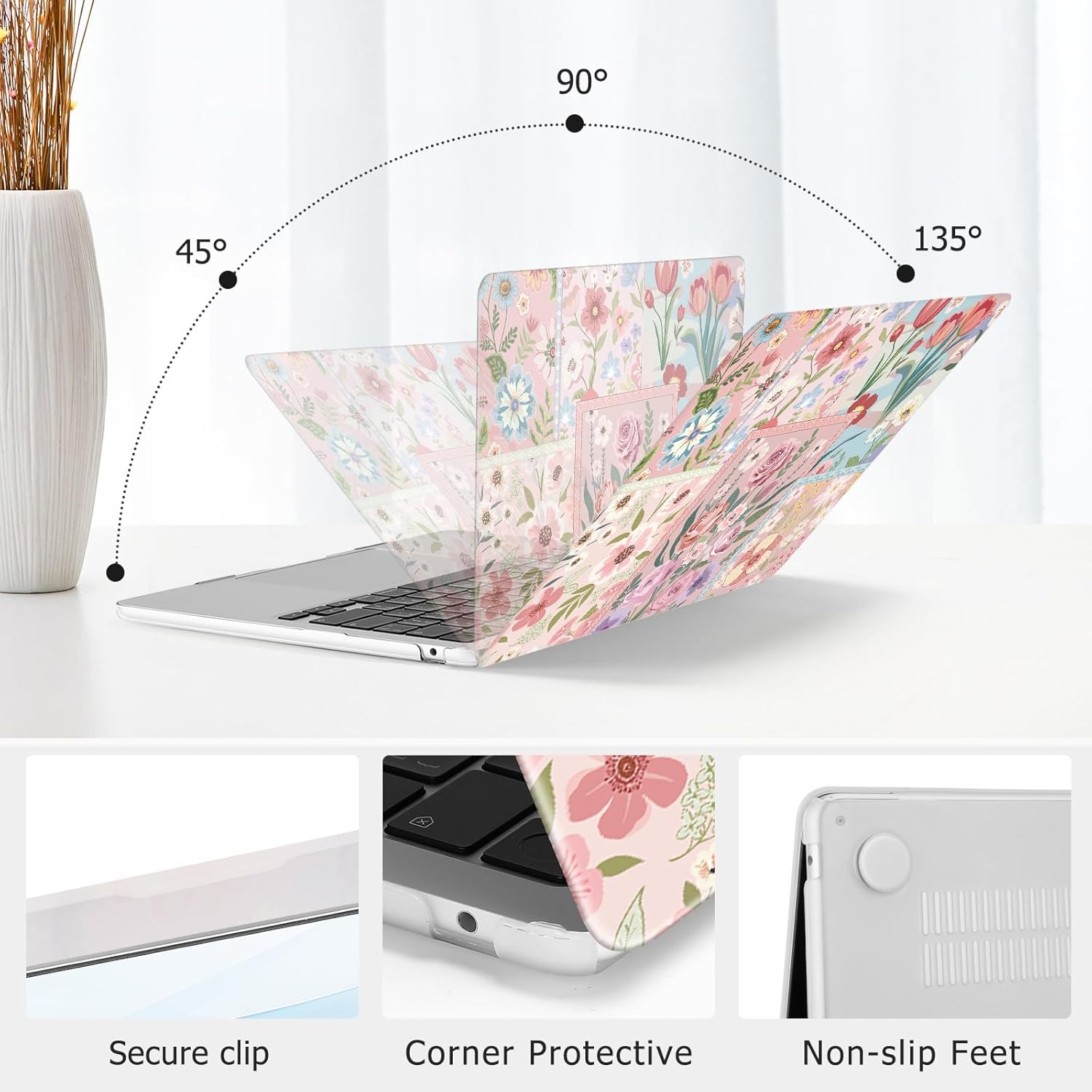 MOSISO 40L Rhombus Quilted Travel Backpack with Drawstring Bag&Compatible with MacBook Air 13 inch Case 2025-2022 M4 A3240 M3 A3113 M2 A2681, Spliced Flowers Shell&Keyboard Cover&Screen Film, Pink