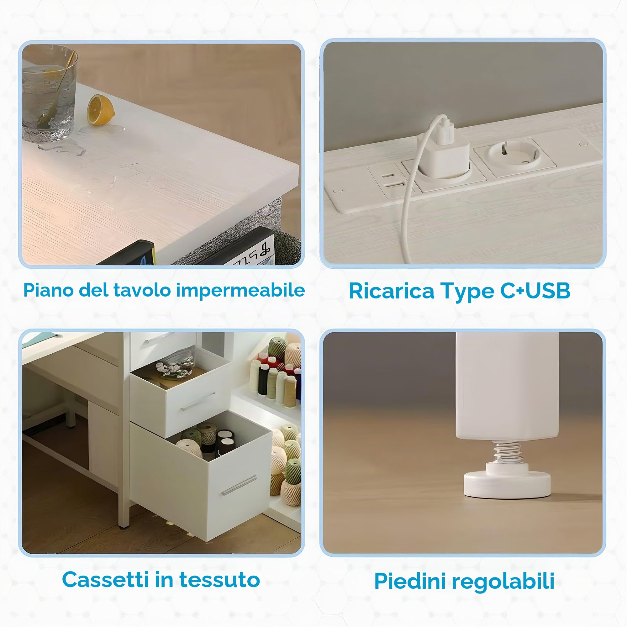 Scrivania a forma di L con 3 cassetti in tessuto, 120 x 80 cm, scrivania angolare reversibile con supporto per monitor, spina e porta di ricarica USB per home office, bianco
