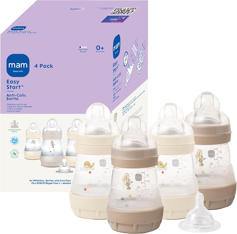 MAM Biberón con ventilación anticólicos Easy Start de 5 oz, 0+ meses, paquete de 4, unisex | Tetina de flujo lento similar a la lactancia materna, biberón anticólico doble que reduce los gases y el reflujo, fácil de limpiar, sin BPA, fabricado en Europa
