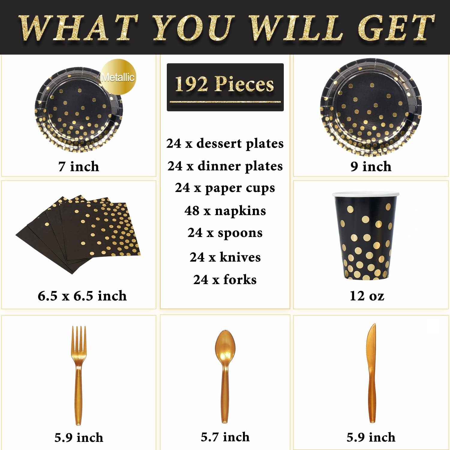 DECORLIFE Black Paper Plates Set for 24 Guests, 12oz Cups, 48PCS Napkins, Black and Gold Plates, 192PCS New Years Eve party supplies 2023 for Retirement, Birthday, Anniversary