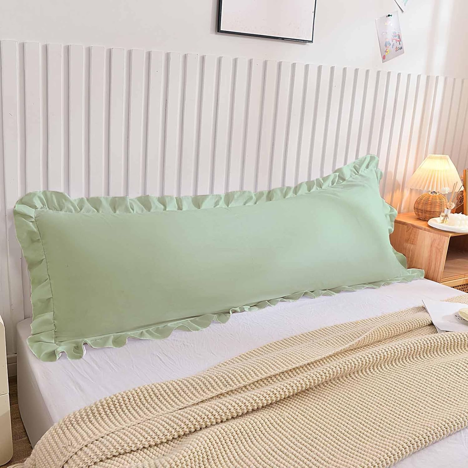 Nanko Body Pillow Case Cover 1 Pack 20x54, White Ruffled Boho Soft Shabby Chic Microfiber Extra Long Decorative Pillow Covers/Pillow Shams, Comfortable Body Pillowcase for Women Men