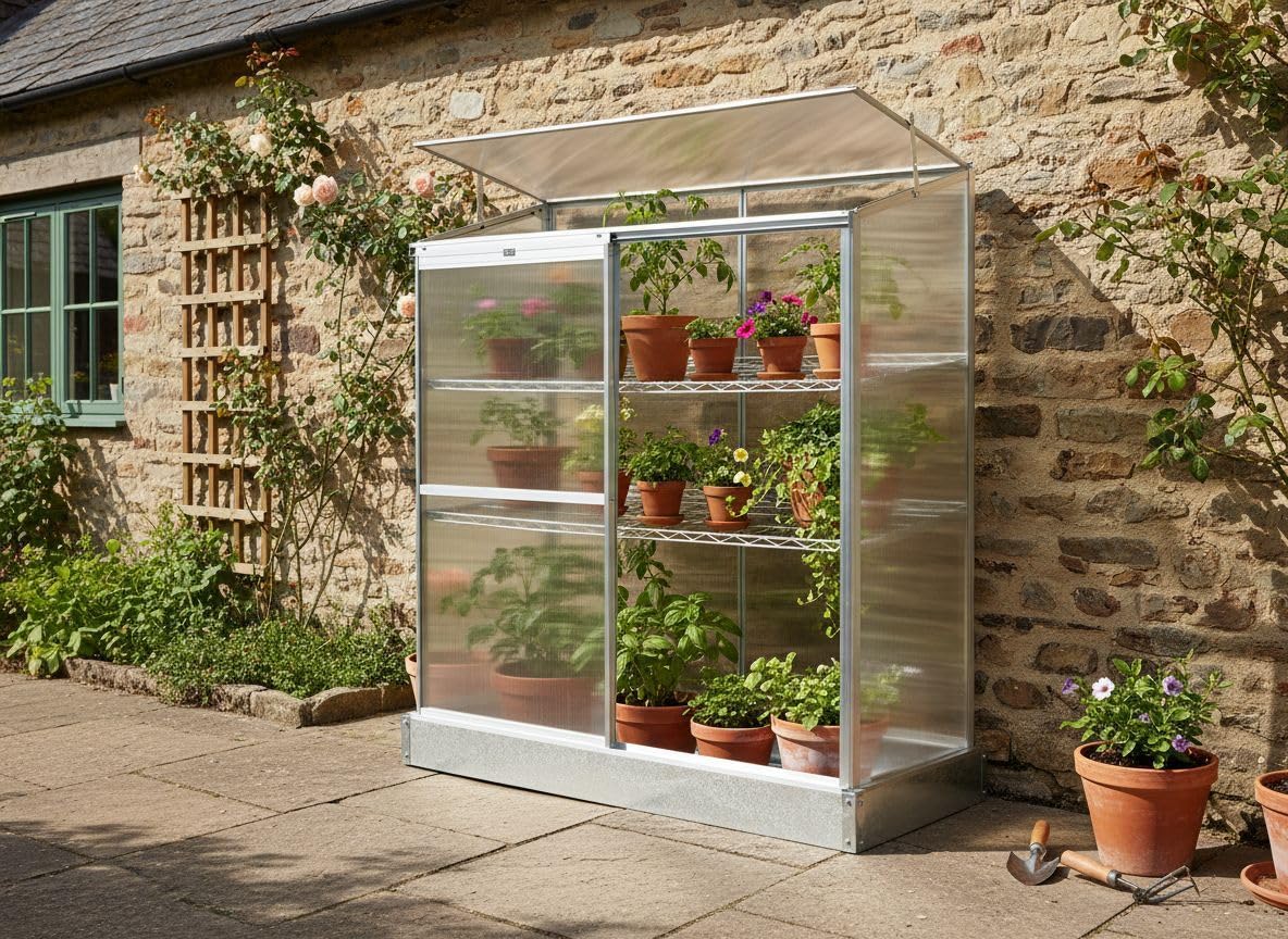 Balkon Mini-Gewächshaus Aluminium Silber 59x129 cm mit Schiebetür Dachfenster Lecce