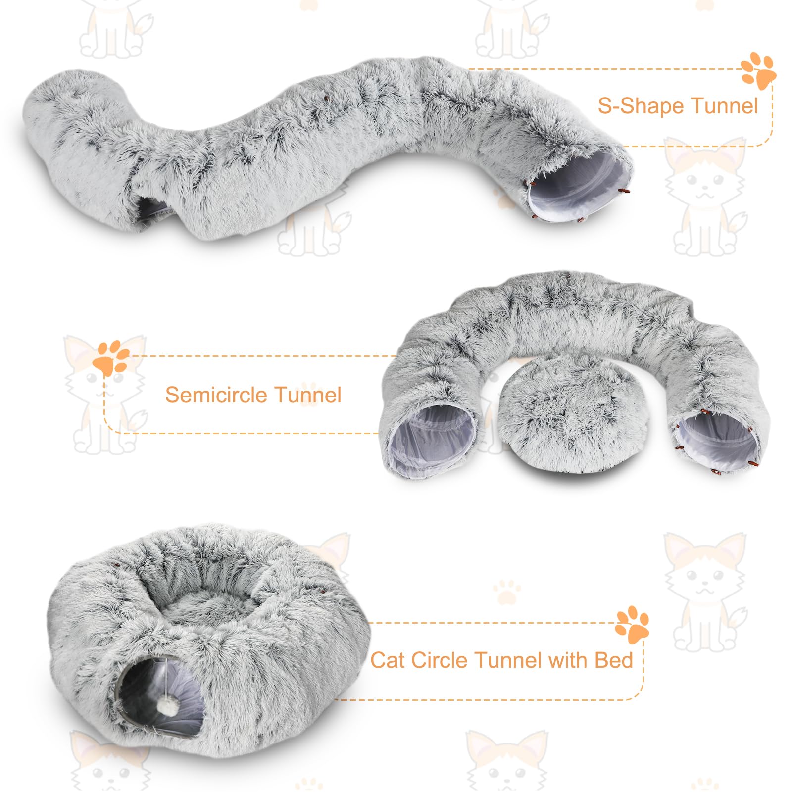 Túnel de felpa para gatos de interior, túnel plegable de dona para gatos con tapete central, tubo de cueva esponjoso para gatos con bola colgante para gato, gatito, conejo, cachorro, hurón