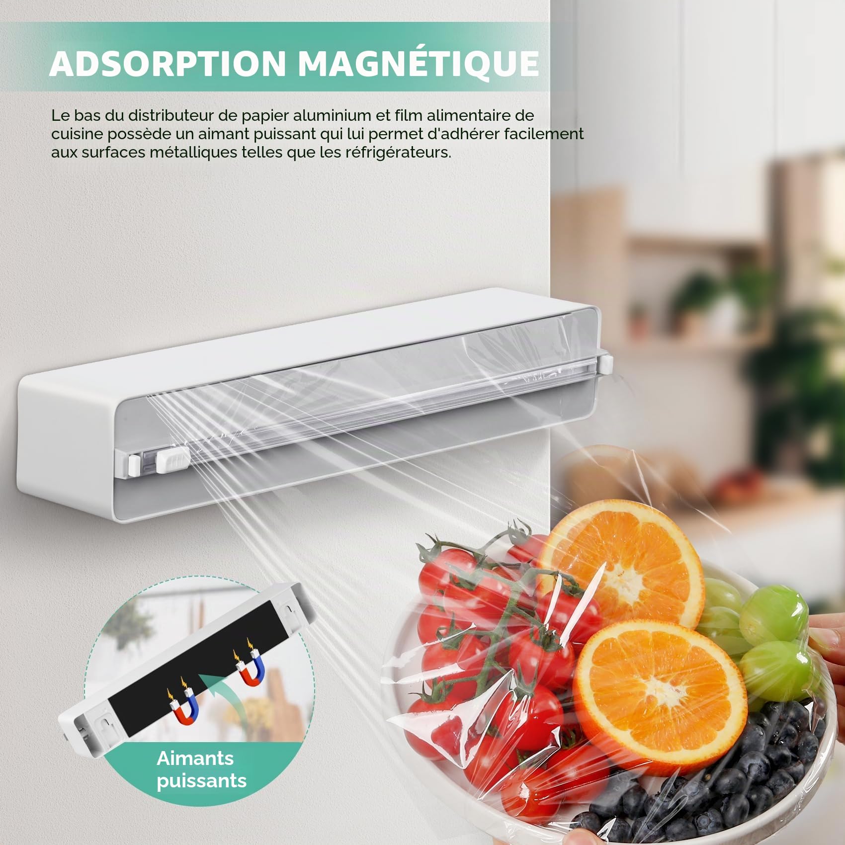 Derouleur Film Alimentaire avec Coupeur - Magnétique et Murale sans Percer, Distributeur Papier Aluminium et Film - Organisateur de Cuisine Gain de Place - Rouleaux Jusqu'à 31cm, Blanc