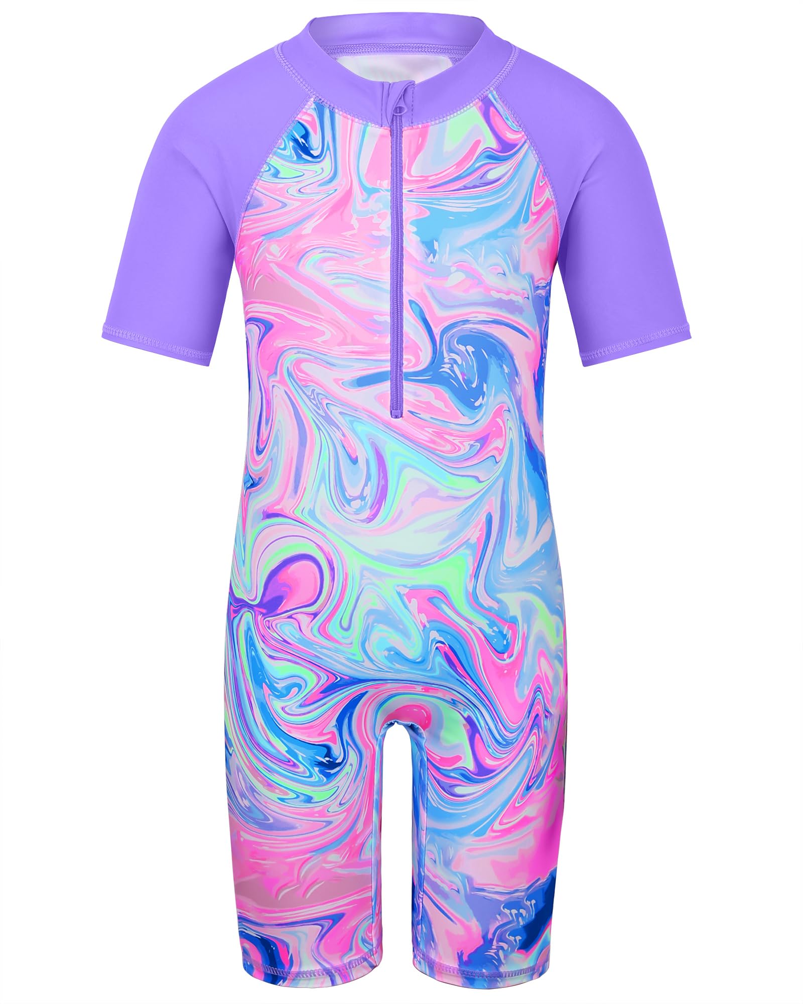 HUAANIUE Mädchen Badeanzug 2-12 Jahre, Einteiler mit UV-Schutz UPF50+, Kurzarm, Front-Reißverschluss, Bunte Druckmuster ideal für Schwimmen & Strand