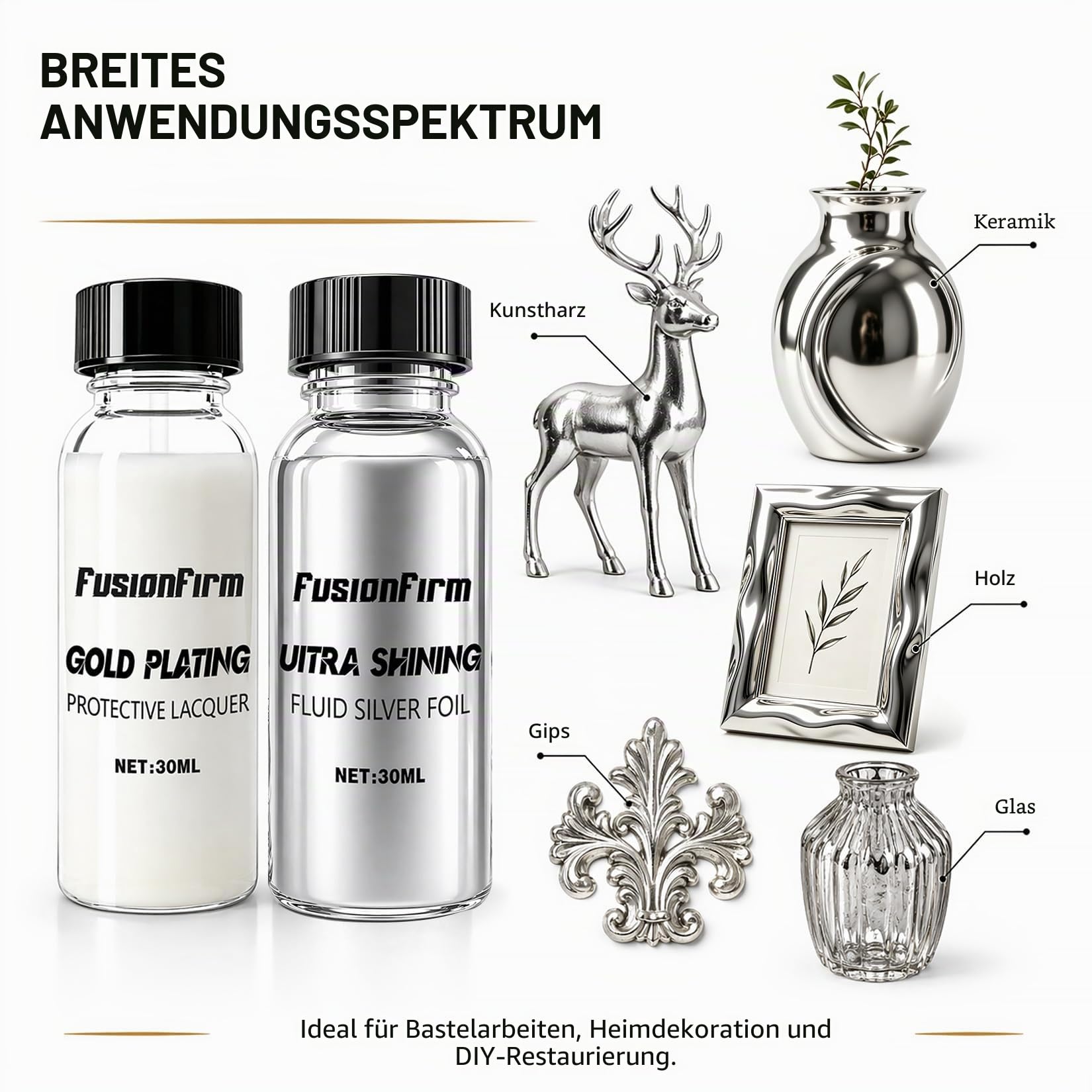 Flüssiges Silberblatt-Lack Set, alkoholbasierter Metallic-Silberlack mit Hochglanz-Versiegelung, schnelltrocknende Silberbeschichtung für Bastelprojekte, DIY und Resin-Arbeiten, 2x30ml
