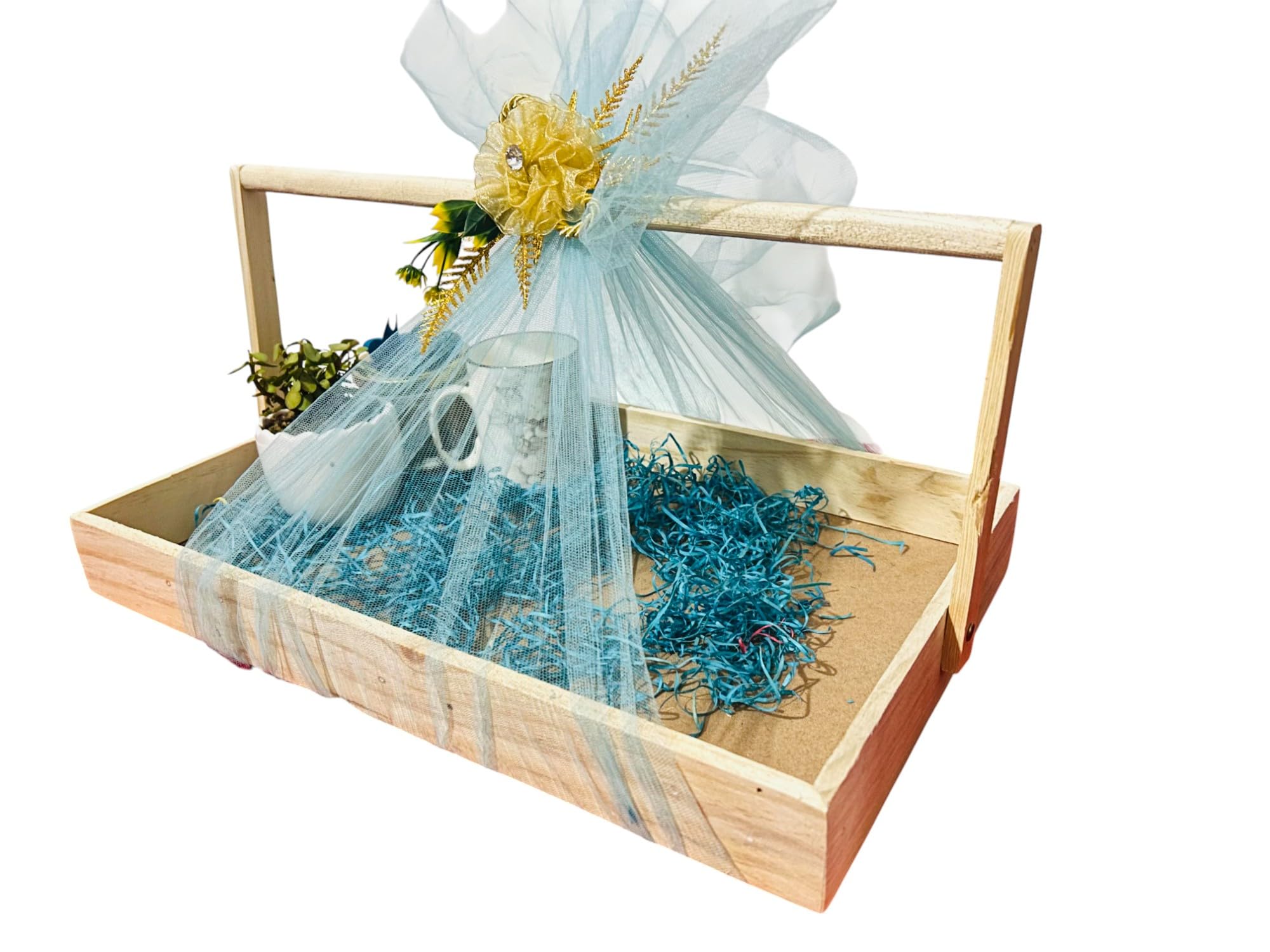 Vayu Art & Crafts Pine Wood Gift Hamper Pinewood Basket with Handle Holiday Christmas Gifting Tray Pinewood Basket with MDF Base with Decoration Net & Decoration Flower (46X30x6 CM) 18x12x2.5 Inches-image-37