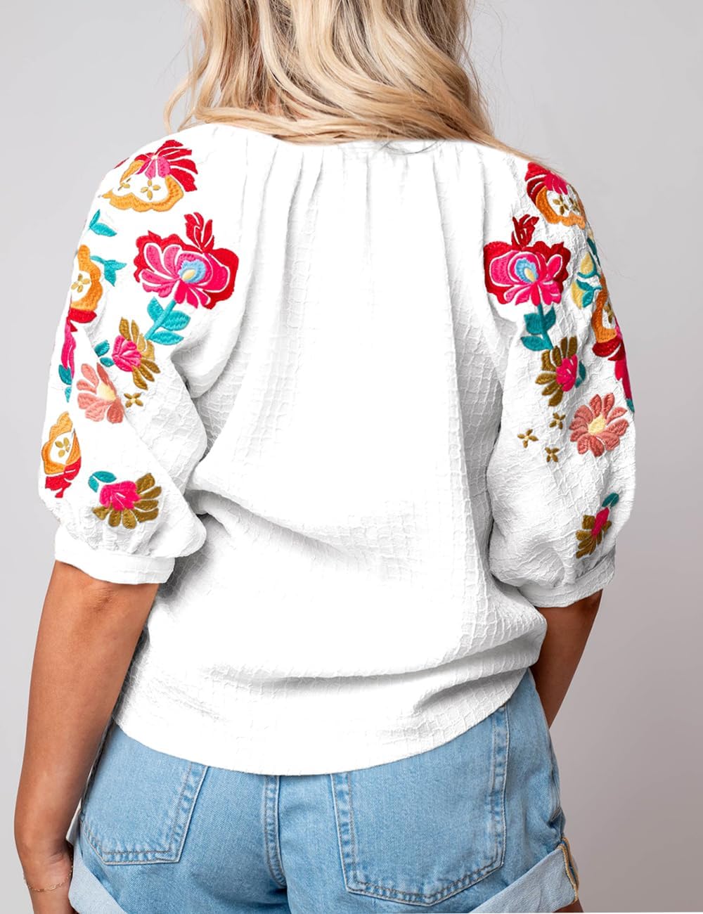 Ecosunny Women's Casual V Neck Puff Short Sleeve Shirts Floral Embroidered Ricrac Textured Loose Tunic Blouses Tops - Image 4