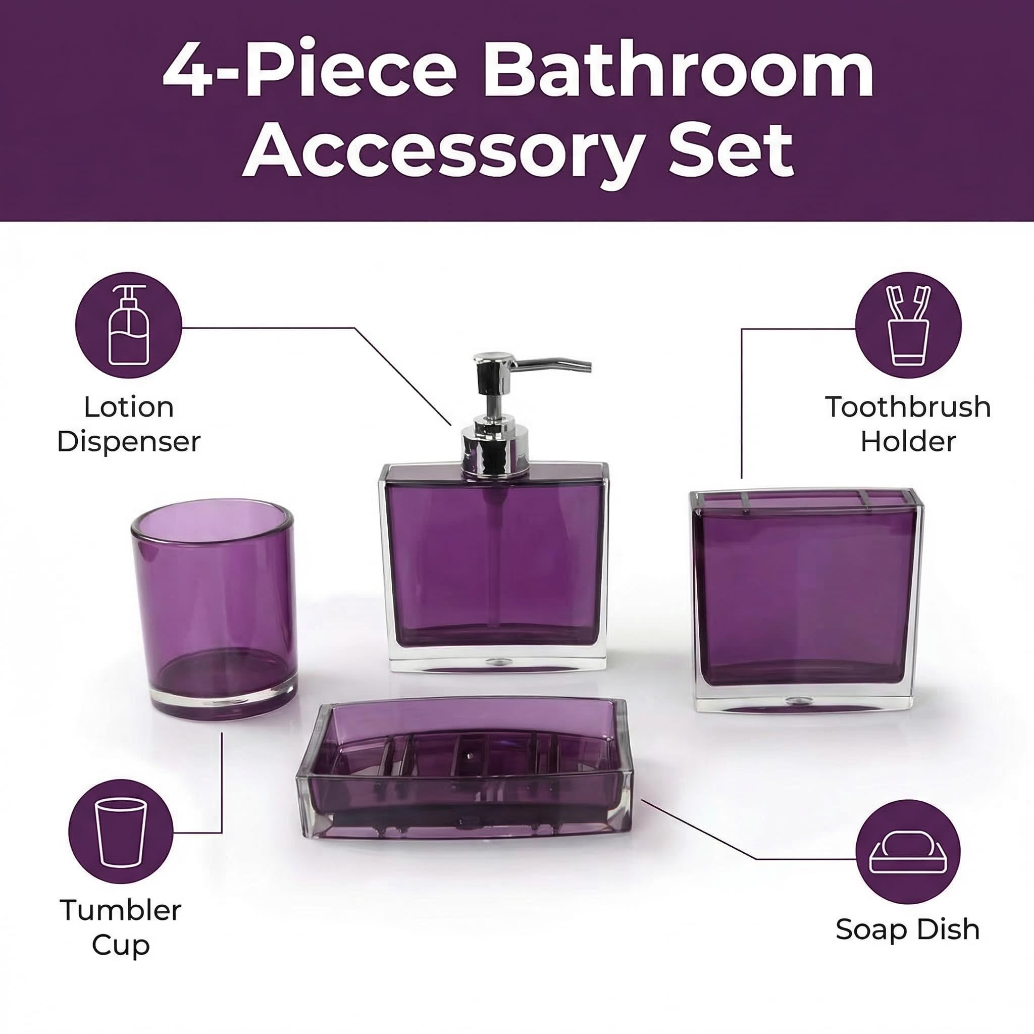 Juego de accesorios de baño, juego de 4 accesorios de baño acrílicos con dispensador de jabón, jabonera, soporte para cepillo de dientes, vaso, decoración moderna de accesorios de baño, regalo para el