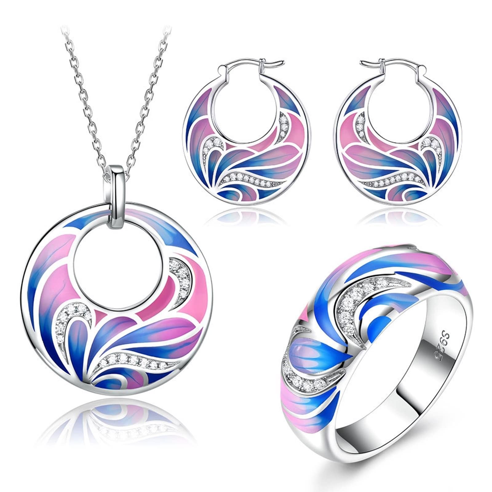 Set di gioielli in argento 925 per le donne, set di gioielli in zircone rosa per le donne smalto fiore orecchino collana e anello gioielli in metallo set