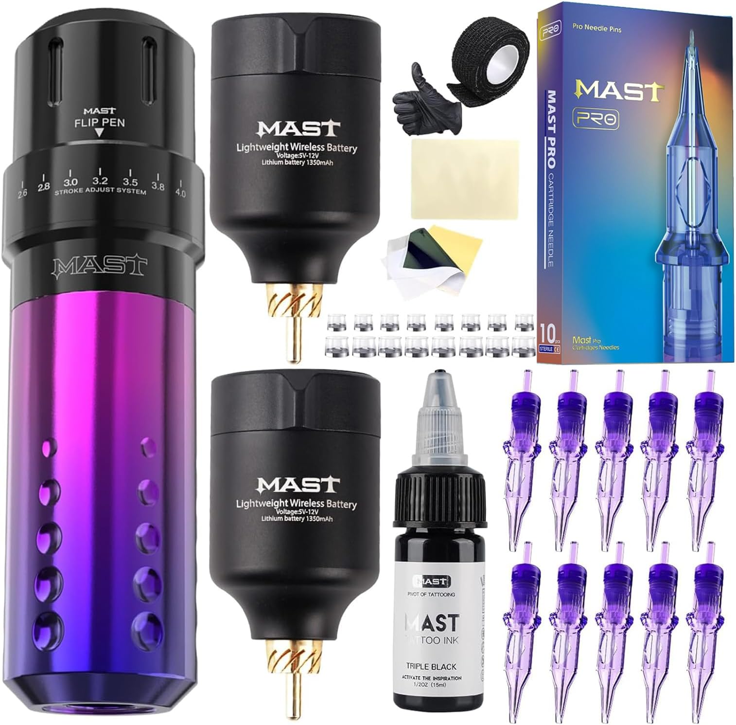 Mast Flip Tattoo Rotary Machine Wireless Pen Kit with 2 Batteries T1 Power Supply Mast Pro Cartridges Needles