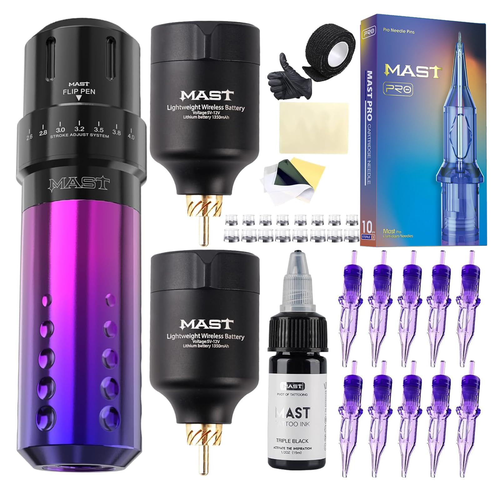 Mast Flip Tattoo Rotary Machine Wireless Pen Kit with 2 Batteries T1 Power Supply Mast Pro Cartridges Needles
