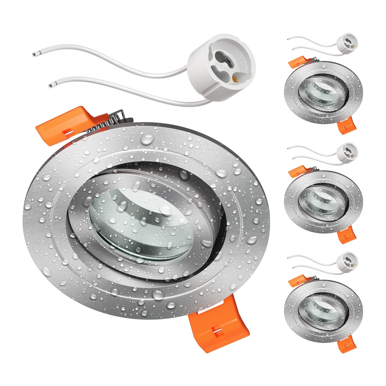 ledscom.de 4 pcs. Bathroom Ceiling mounting Frame ERID, Damp-Proof, Bathroom, IP44, Round, swivelling, Aluminium matt, incl. GU10 Socket — image 1