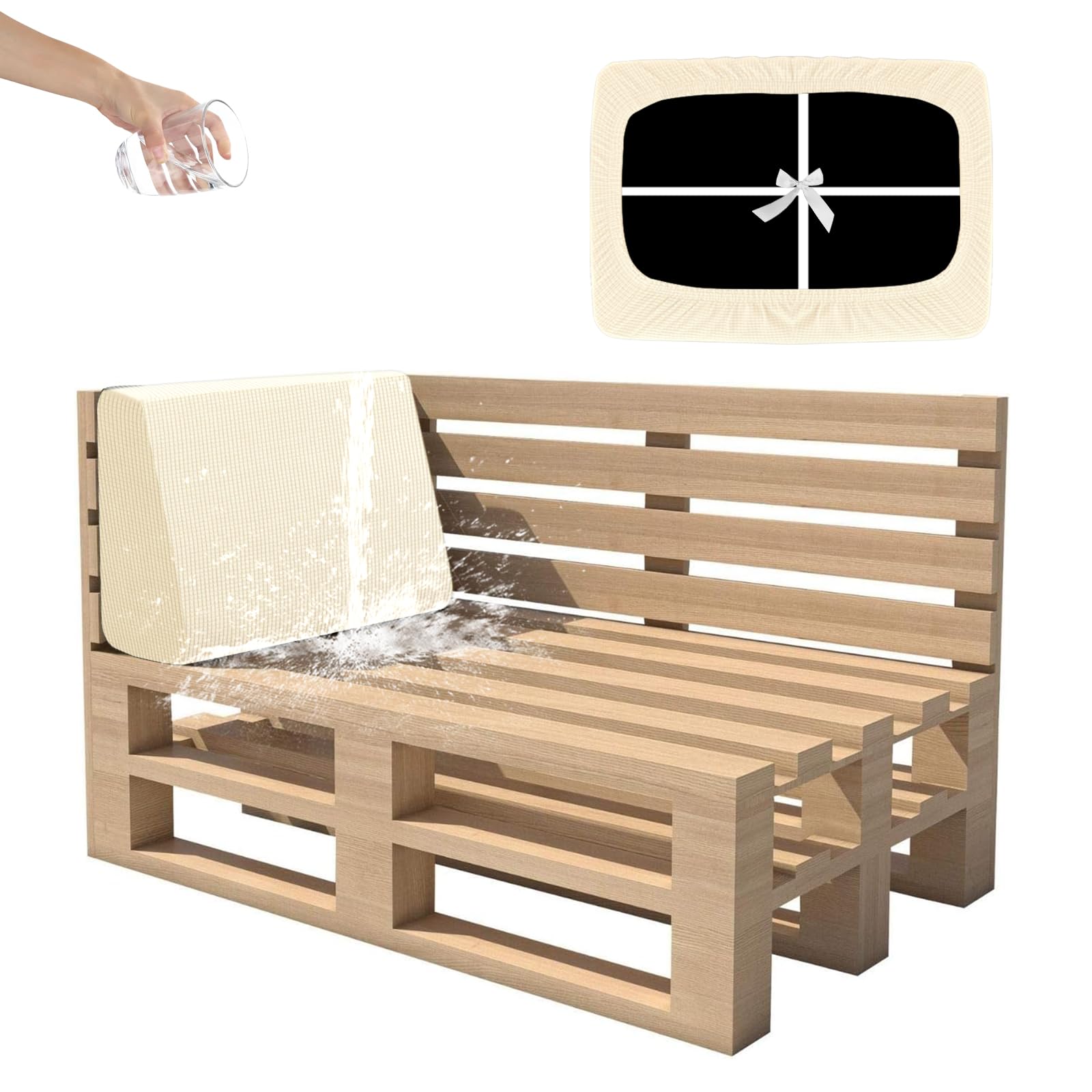SYLC Waterproof Pallet Cushions Covers, Stretch Cover for Pallet Furniture Cushions with 4 Ties, Outdoor Corner Sofa Covers for Rattan Patio Garden Caravan (Beige,Corner Back 60×40×10/20)