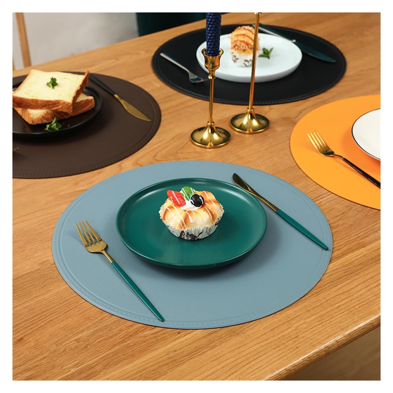 Lot de 1/6/10 sets de table ronds en cuir synthétique résistant à la chaleur pour cuisine et salle à manger (vert, R 38 cm, 10 pièces)