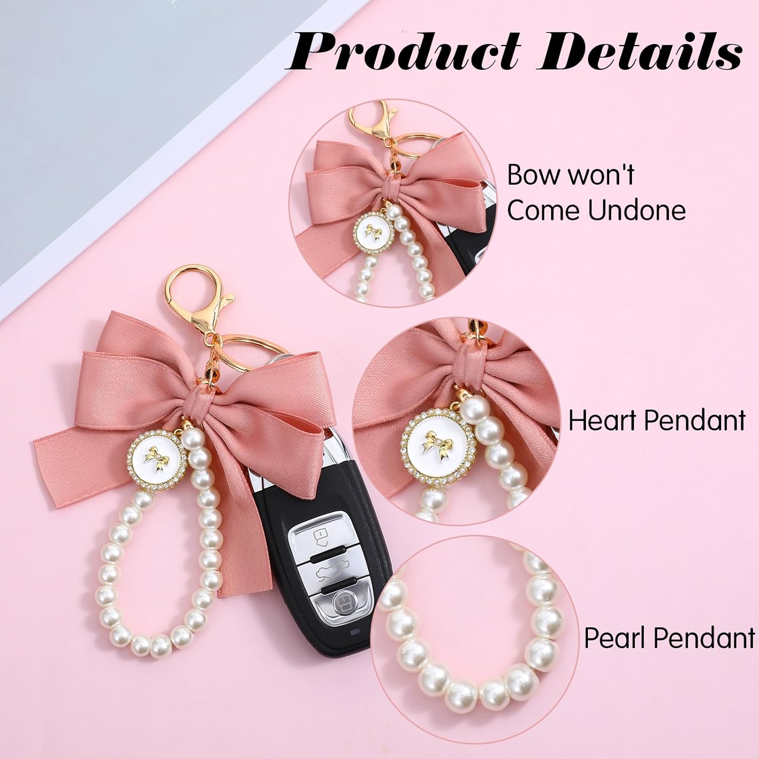 2Pcs Pink Bow Key Chain, Pearl Keychain Wristlet, Bow Charm for Purse, Cute Bag Charms Bows, Love Charm, Suitable for Handbags, Wallets, Pink - Image 3