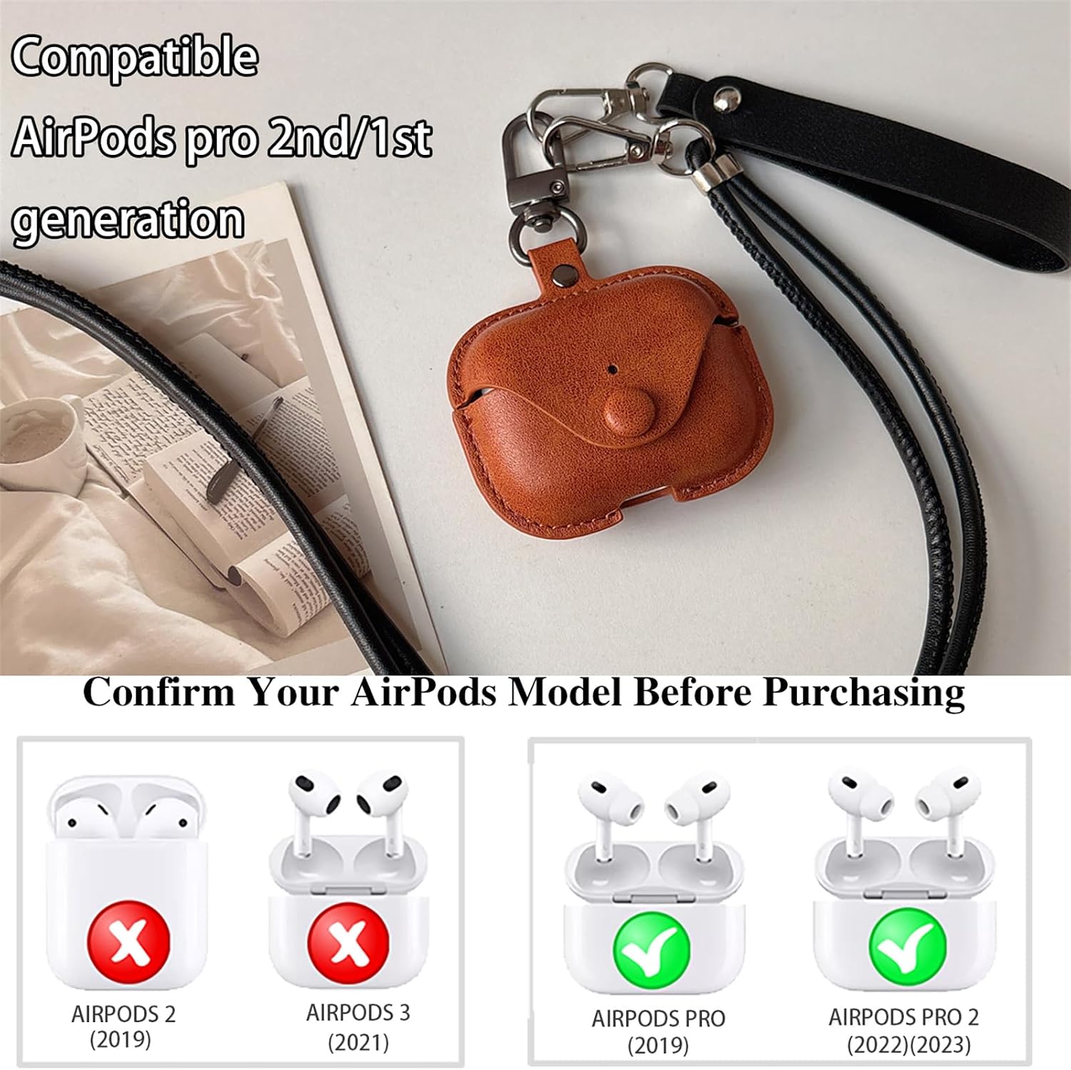 Leather Case for AirPods Pro 2nd/1st Gen (2023/2022/2019) - Premium Leather Protective Cover with Detachable Travel Neck Strap & Wrist Cord,Shockproof Locking Design for Women Men image 4