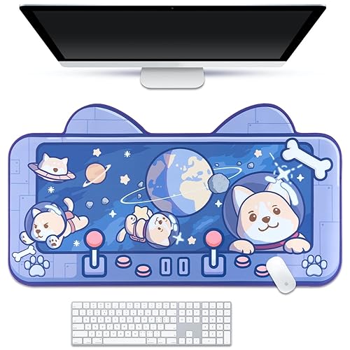 BelugaDesign Space Dog Desk Mat | Cute Pastel Blue Astronaut Mouse Pad | Kawaii Shiba Inu Gaming Keyboard Mat | Anime Cartoon Desk Blotter | Large CuteCore Office & Gamer Mousepad Protector - Blue