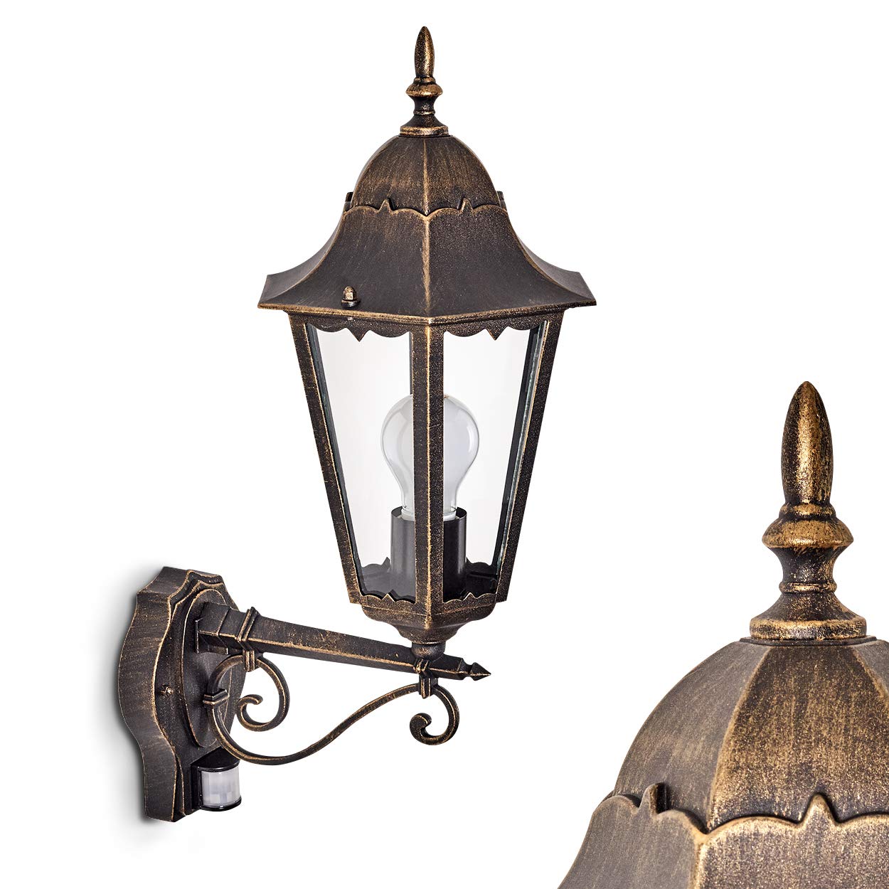 Hofstein Gold Outdoor Wall Lamp Hong Kong With Motion Detector, Wall Light Upwards In Antique Look, Cast Aluminium In Brown/ With Clear Glass Panes, Wall Lamp For Yard, E27 Socket, Retro/Vintage, Without Bulb