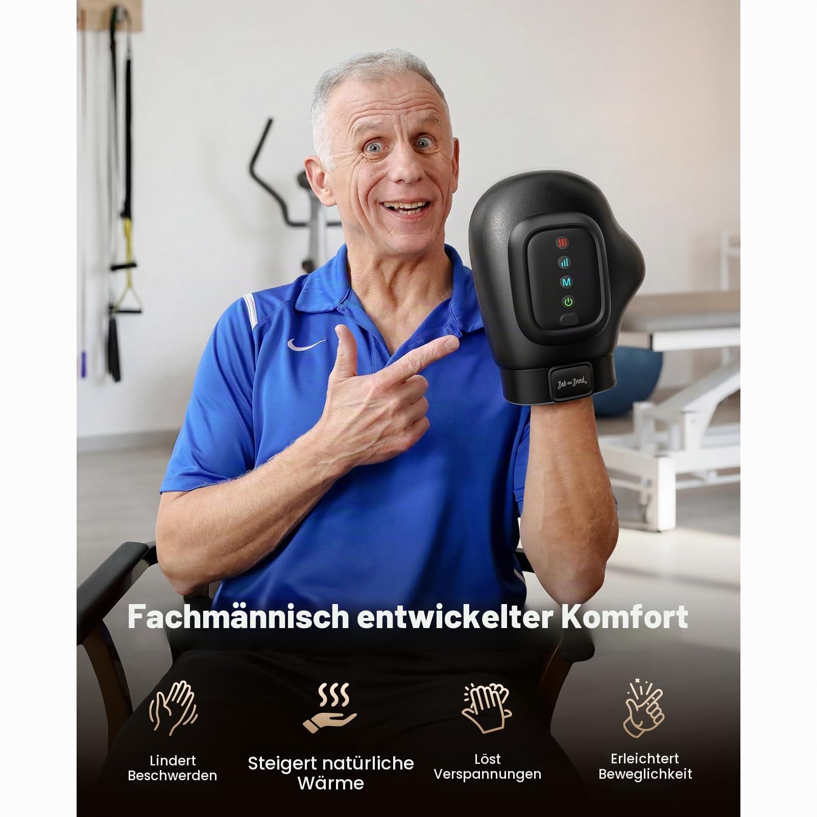 BOB AND BRAD Handmassagegerät mit Wärme & Kompression | Black HandSpa Prime für Hände & Finger, Kabellos mit Akku, 3 Modi & 5 Stufen, zur Entspannung, Geschenk für Damen & Herren