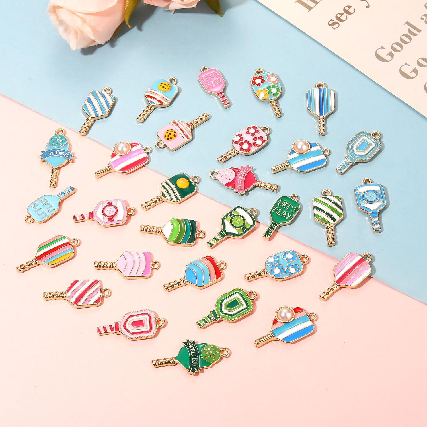 30PCS Pickleball Charms for Jewelry Making, Pickleball Necklace Bracelet Earrings Making Charms Bulk, Enamel Paddle Pendant Charm for DIY Pickleballs Accessories Crafts Jewelry Gifts