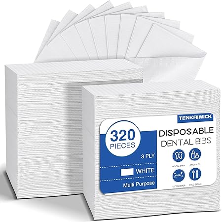 320 Pack Disposable Dental Bibs 13"x18", 3-Ply Waterproof Tattoo Bibs Sheet for Nail Salon, Dental Clinic, Feeding, Tattoo Shop (White)