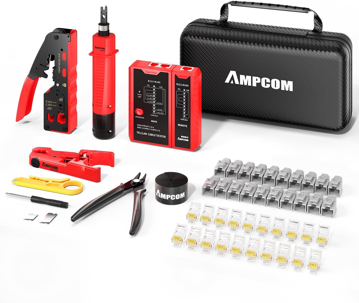 AMPCOM Ethernet Crimping Tool Kit 10-in-1 Pass Through RJ45/RJ11 Network Tool Kit with RJ45 Tester for Cat6/5e RJ45 Connectors, Includes 110 Punch Down Tool & Wire Stripper, Portable Waterproof Bag