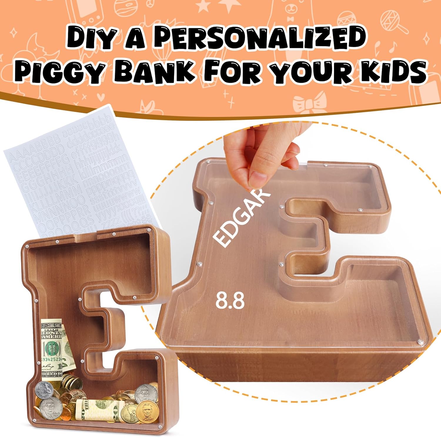 UBeesize 12in Extra Large Wooden Piggy Bank,Letter Piggy Bank for Boys Girls,Money Coin Bank for Kids,Christmas,Birthday,Children“s Gift and Home Office Decoration（A）