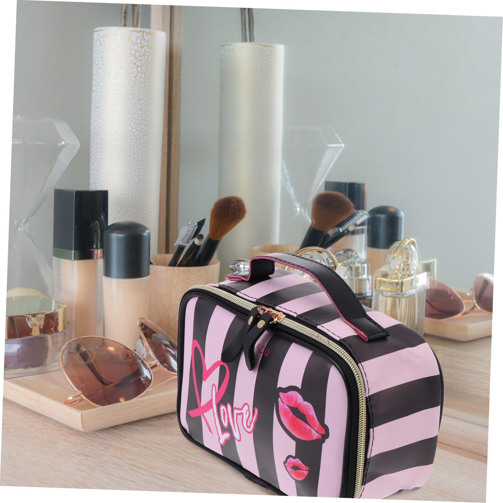 Didiseaon 3piezas Bolsa De Maquillaje De PU para Neceser Cosmético Portátil Diseño De Rayas Organizador De Artículos De Tocador para Mujeres