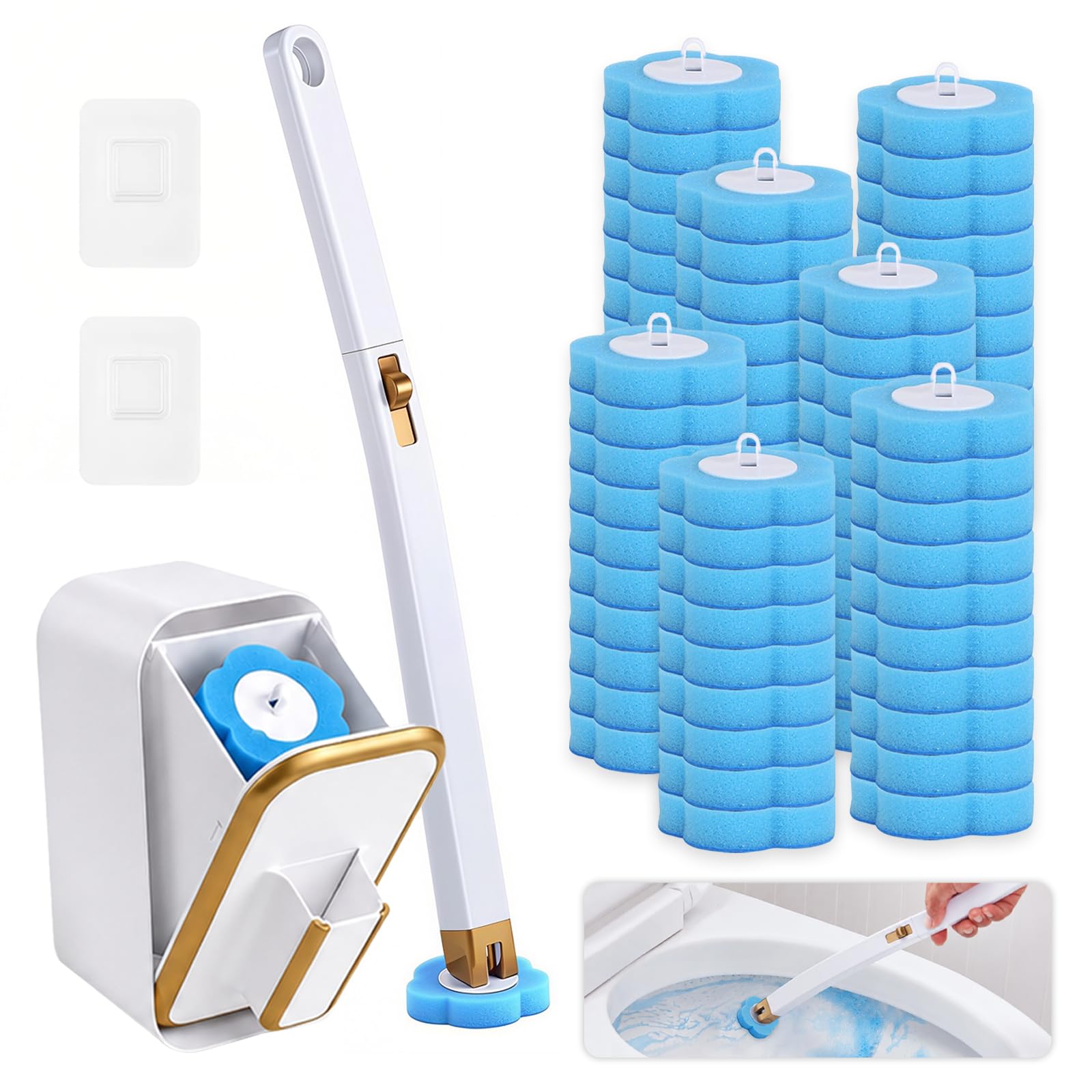 Disposable Toilet Brush and Holder Set with 60 Blue Replacement Head Refill, 360° Degree Cleaning Toilet Brush Cleaning Kit with Wall Mounted Holder Cleaner Set for Hygienic Bathroom Cleaning