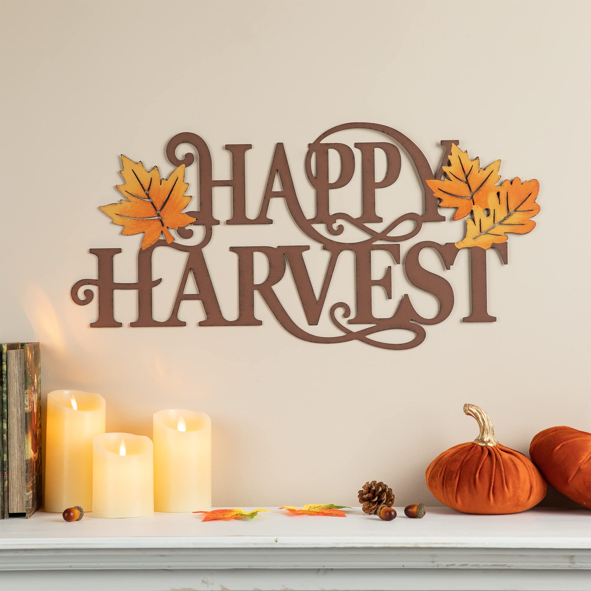 GlitzhomeHappy Harvest Metal Fall Harvest Wall Sign, Rustic Wall Decor Yard Sign, Cutout Harvest Outdoor Sign for Home Garden Indoor Outdoor, 23.75×11.5 Inch