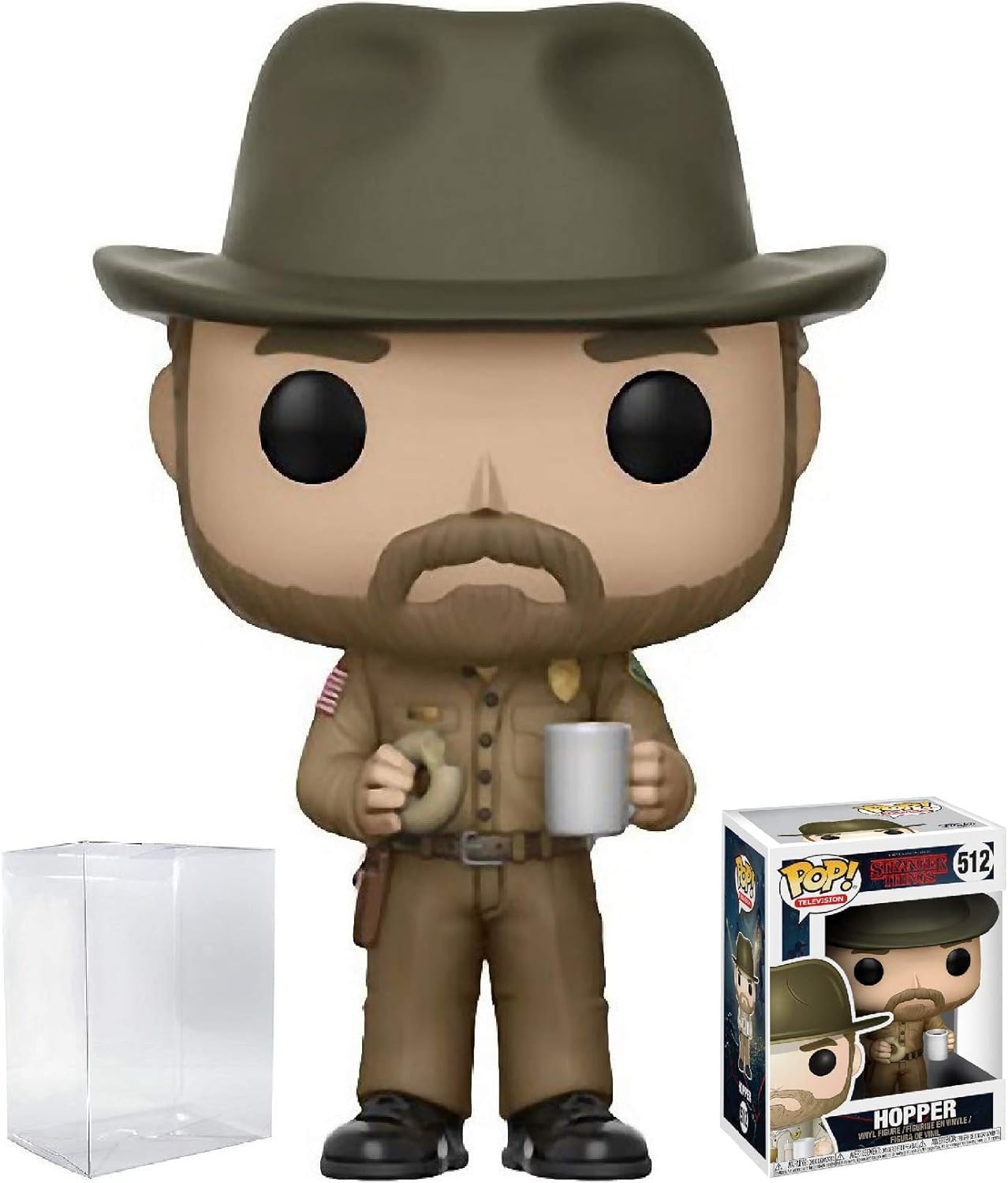 POP [Stranger Things - Chief Hopper with Donut Funko Vinyl Figure (Bundled with Compatible Box Protector Case), Multicolor, 3.75 inches