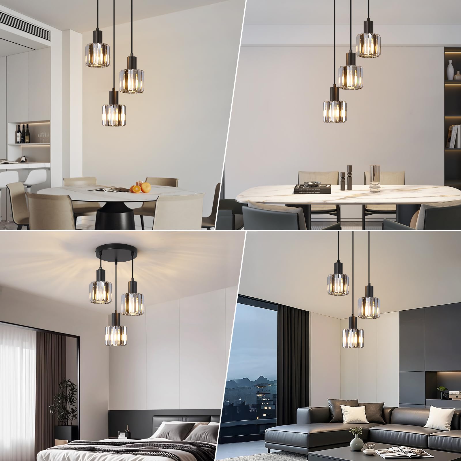 Modern Kristall Pendelleuchte Esstisch Hängelampe Schwarz, 3-flammig Deckenlampe Hängend Wohnzimmer, Glas hängelampe für Schlafzimmer, Küche, Flur, Badezimmer (Aschegrau)