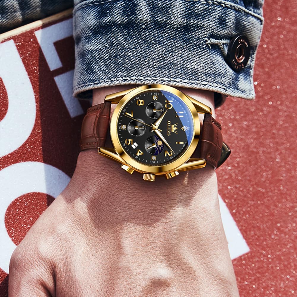 OLEVS Lederuhren für Herren, großes Zifferblatt, wasserdicht, klassische Uhren für Herren, lässige, runde Uhr mit Datum, leuchtend, leicht ablesbar, blau-schwarz-weißes Zifferblatt