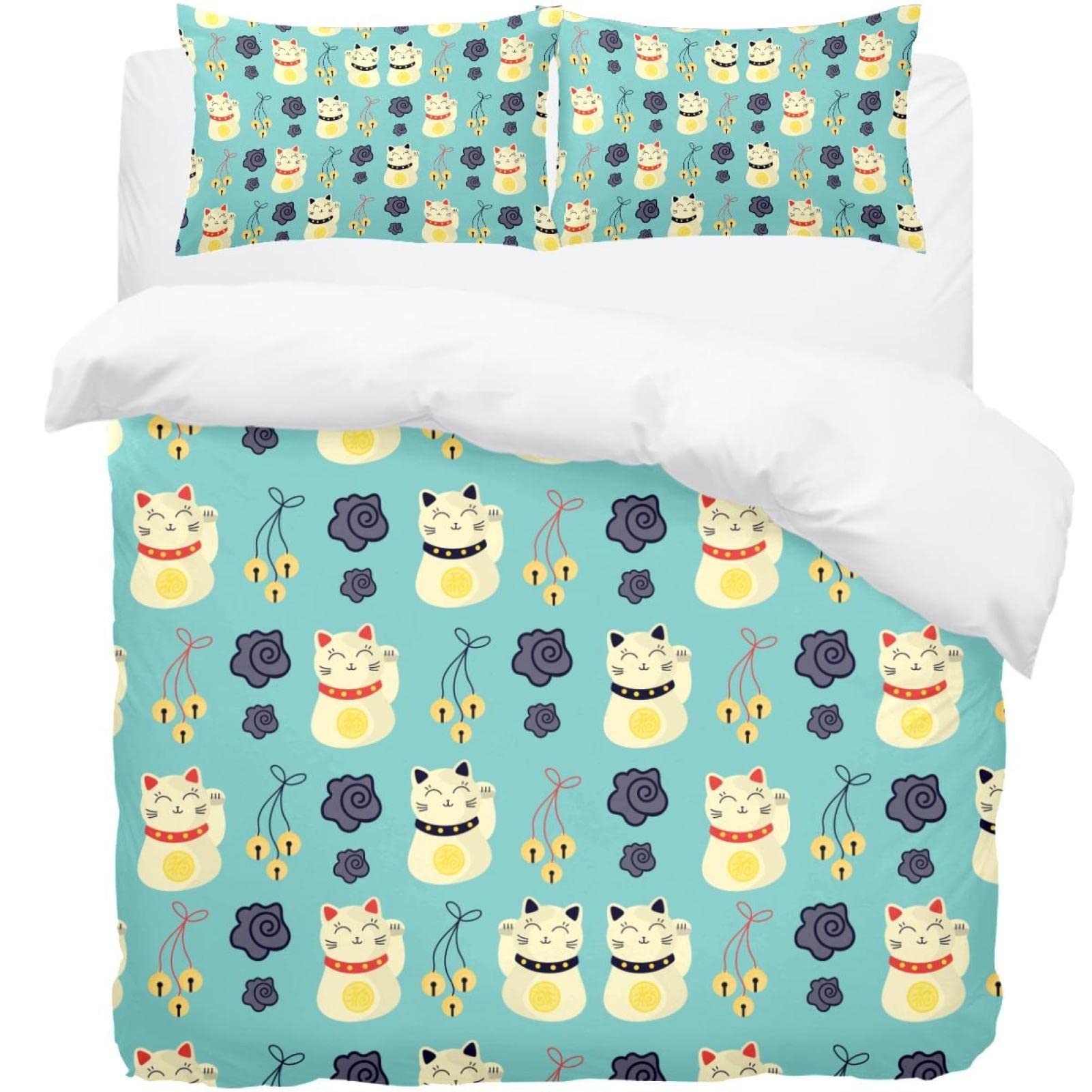 Housse de couette chat porte-bonheur et 2 taies d'oreiller pour lit deux personnes
