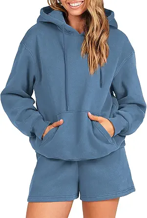 ANRABESS Women 2 Piece Outfits Short Sweatsuit Drawstring Oversized Hoodie Sweatshirt Tracksuit Lounge Wear Matching Set