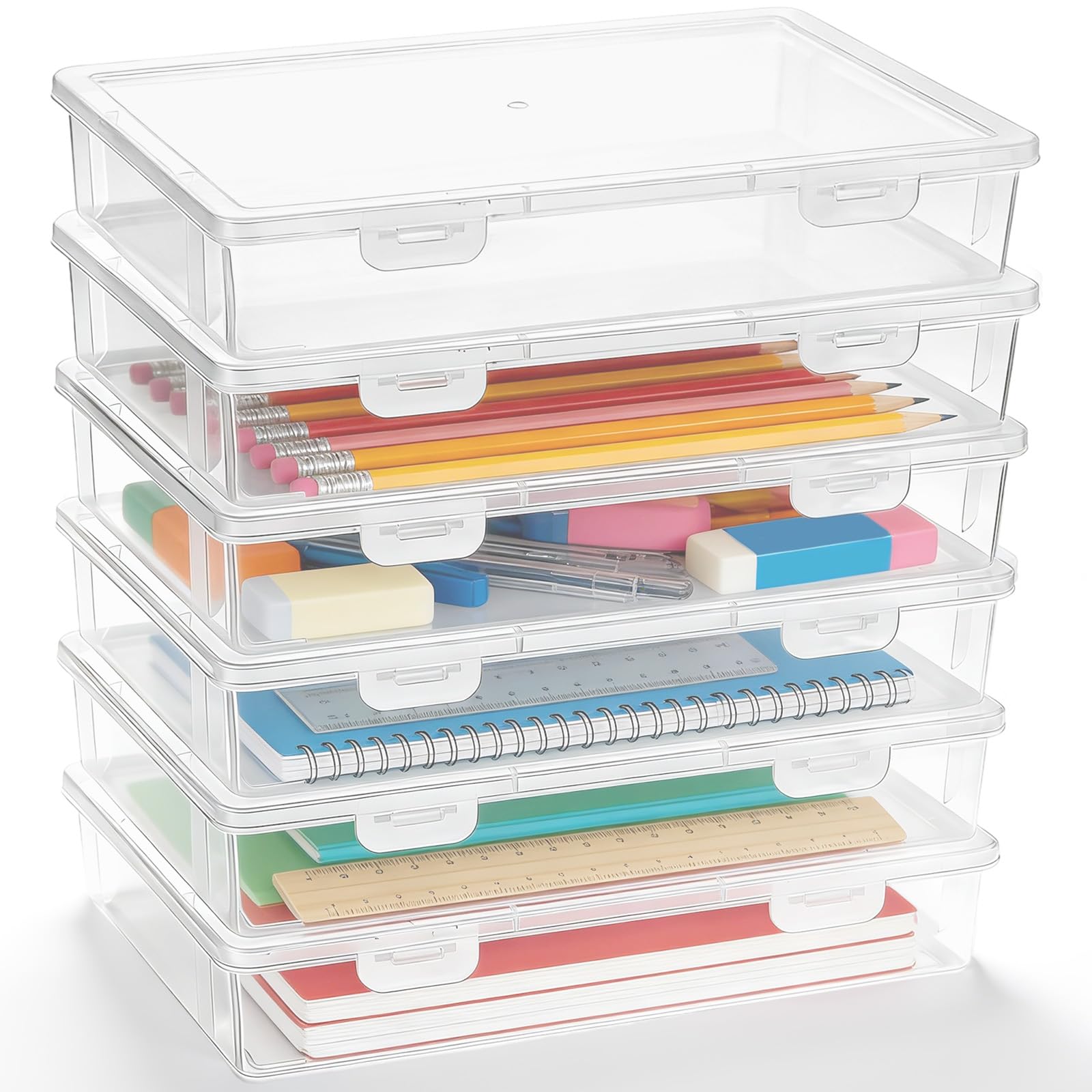 6 Pcs Clear Pencil Box with Latching Lid, Stackable Pen Storage Box, Plastic Containers, Rectangular Crayon Case, Transparent Organizer for Office Supplies, Handicrafts, Beads, Jewelry, Small Items