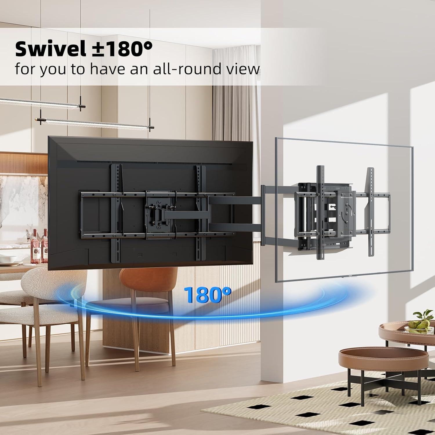 Image showing a TV mounted on the wall, swiveling 180 degrees to face different directions.