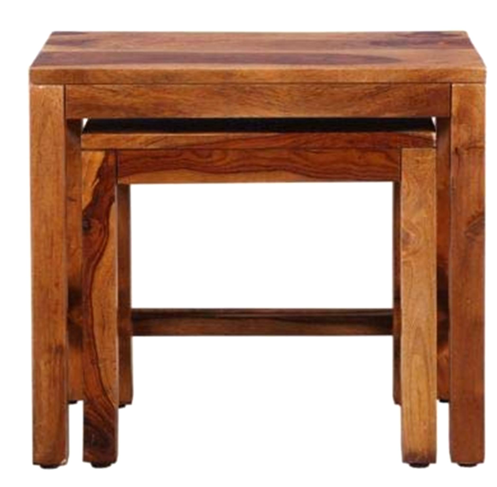 Solid Sheesham Wood Nesting Table Set of 2 Stools Bedside Table Nightstand Sofa Side Table End Table for Living Room Bedroom Home Office Wooden Furniture (Brown Finish)-image-10
