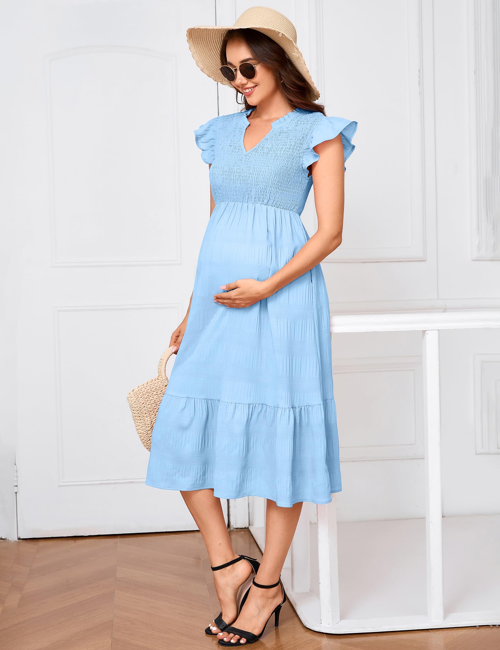 YesFashion Damen Umstandskleid V-Ausschnitt Rüschenärmel Stillkleid Maxikleid für Schwangere