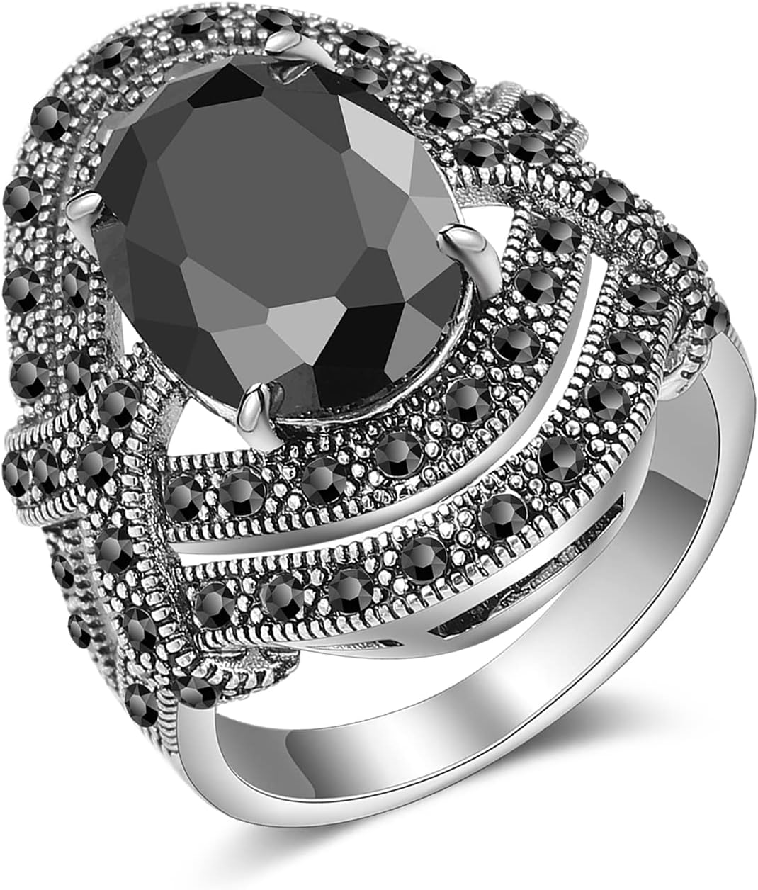 Mytys Black Onyx Stone Rings for Women Marcasite Vintage Cocktail Statement Rings Silver Chunky Crystal Antique Retro for victorians Jewelry Gift