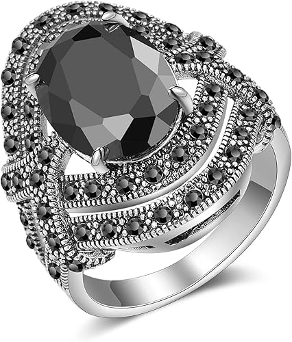 Mytys Anillos de piedra de ónix negro para mujer, marcasita, vintage, de cóctel, anillos de plata gruesos, cristal antiguo, retro, para victorianos,