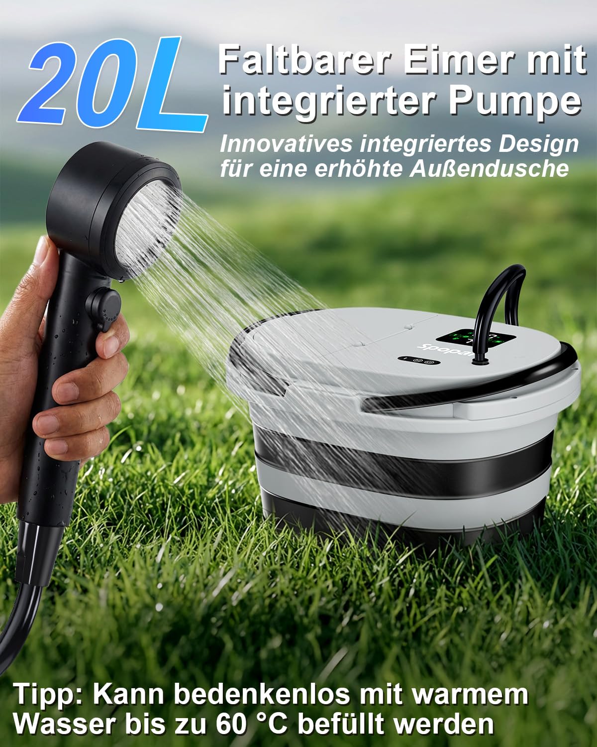 Spopal Campingdusche 20-Liter-Wassereimer 13000-mAh-Akku LED-Anzeige 5-stufige Wasserströmung Tragbarer Akku Dusche