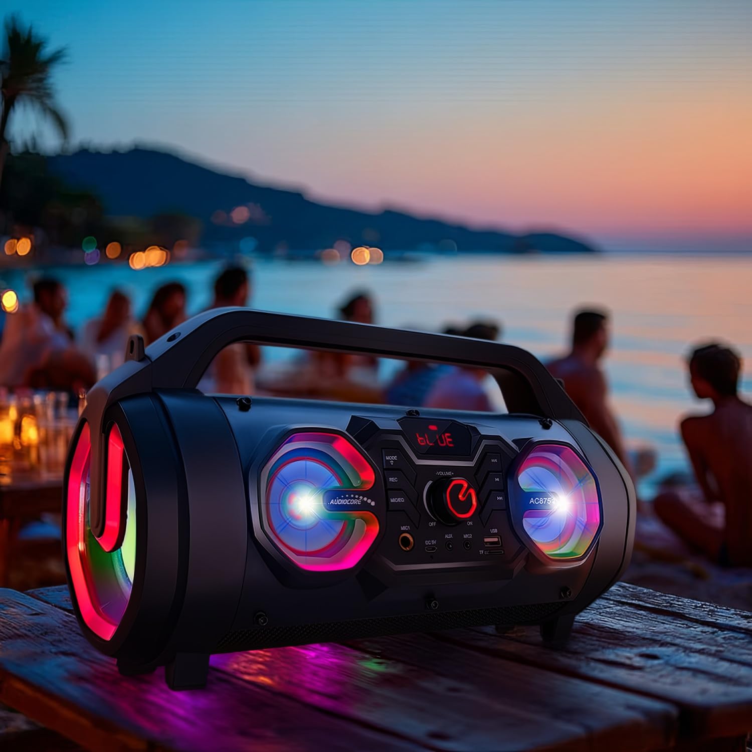 Audiocore AC875 Bazooka Altavoz Bluetooth Portátil Boombox 20W + 5Wx2 IPX4 / Radio/microSD/Aux-In/USB/Iluminación/Puerto de Micrófono
