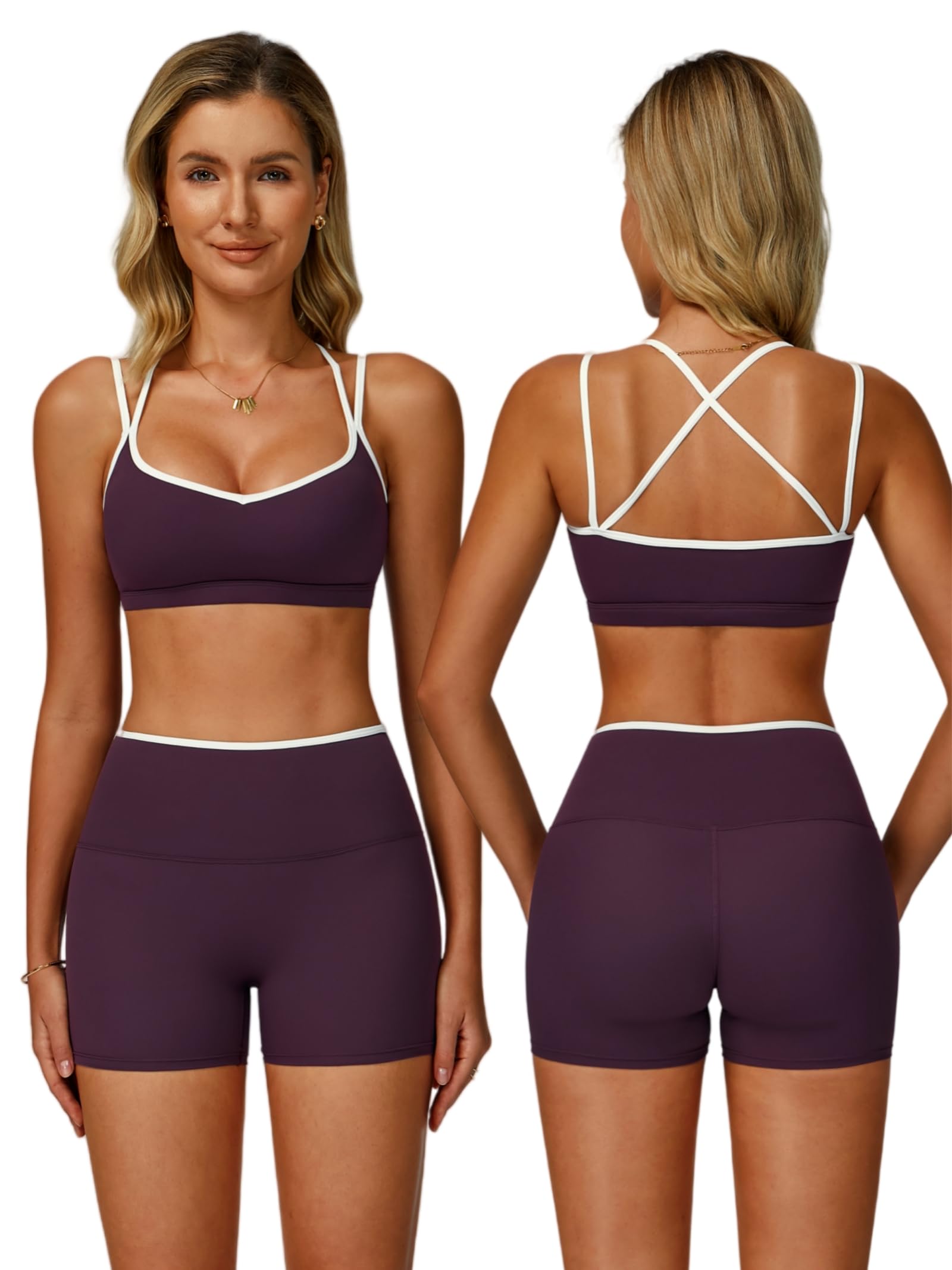ABOCIW Workout Sets for Women 2 Piece Color Block Strappy Sports Bra High Waist Shorts Gym Yoga Pilates