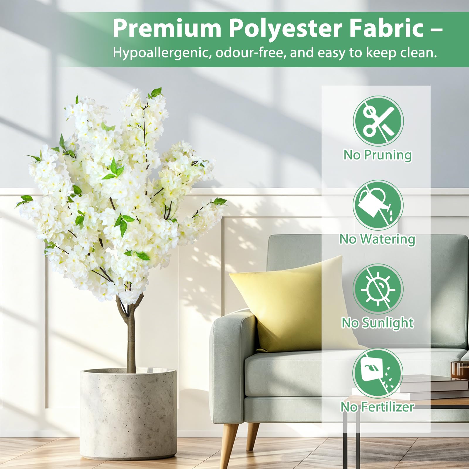 Árbol de Cerezo Artificial Grande 120 cm, Blanco Planta Imitación Floral con Maceta Incluida, Decoración Interior y Exterior para Casa, Eventos y Hoteles