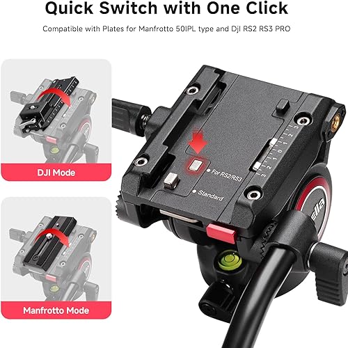 Miniatura 4 de Avella Cabezal fluido de trípode de video con placa de liberación rápida, ligero y resistente, compatible con Manfrotto, carga máxima de 13.2 lb/6
