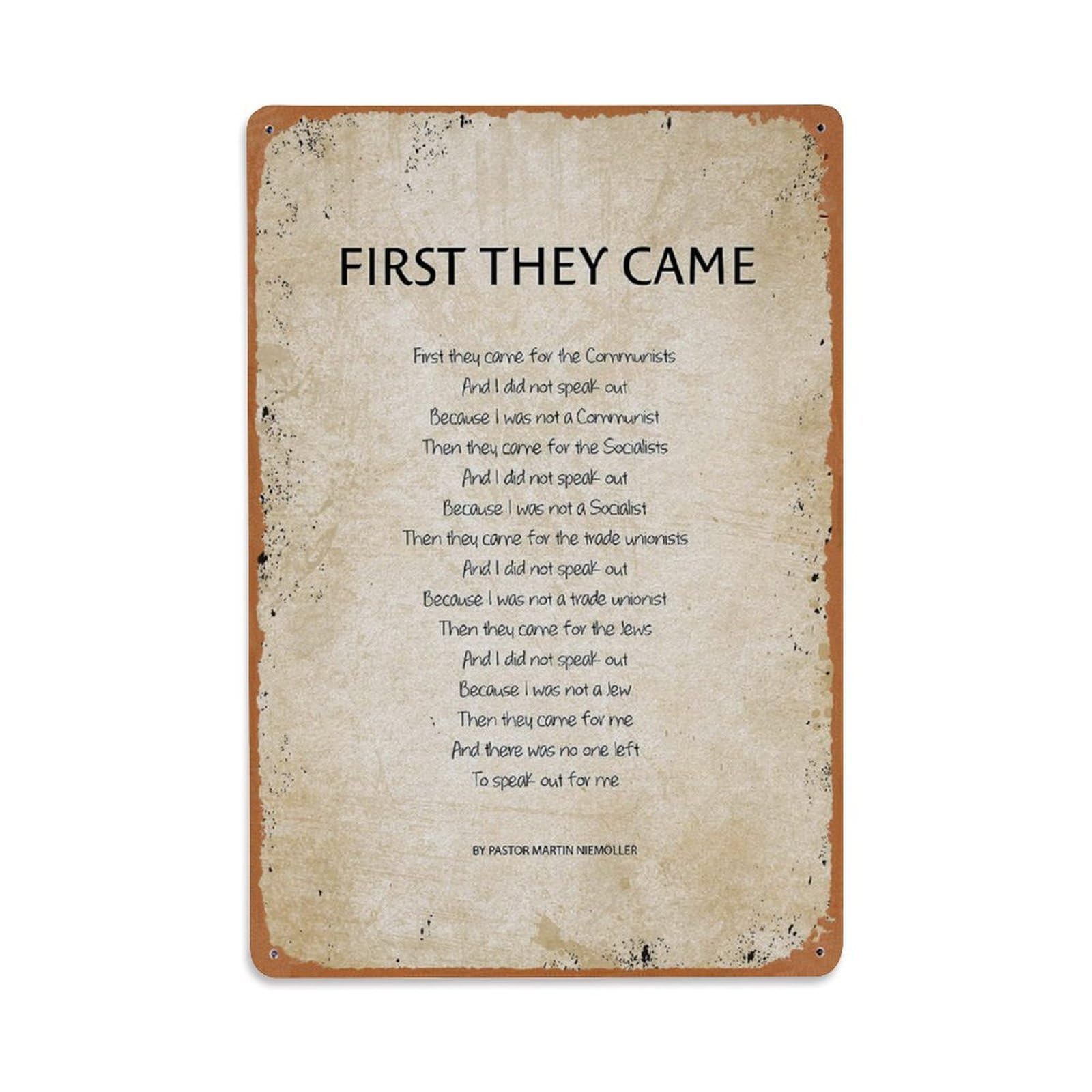 Rkundrne Vintage First They Came Poem Quotes Metal Tin Sign Garden Bedroom Cafe Bar Man Cave Home Wall Decor Metal Poster 8X12 In