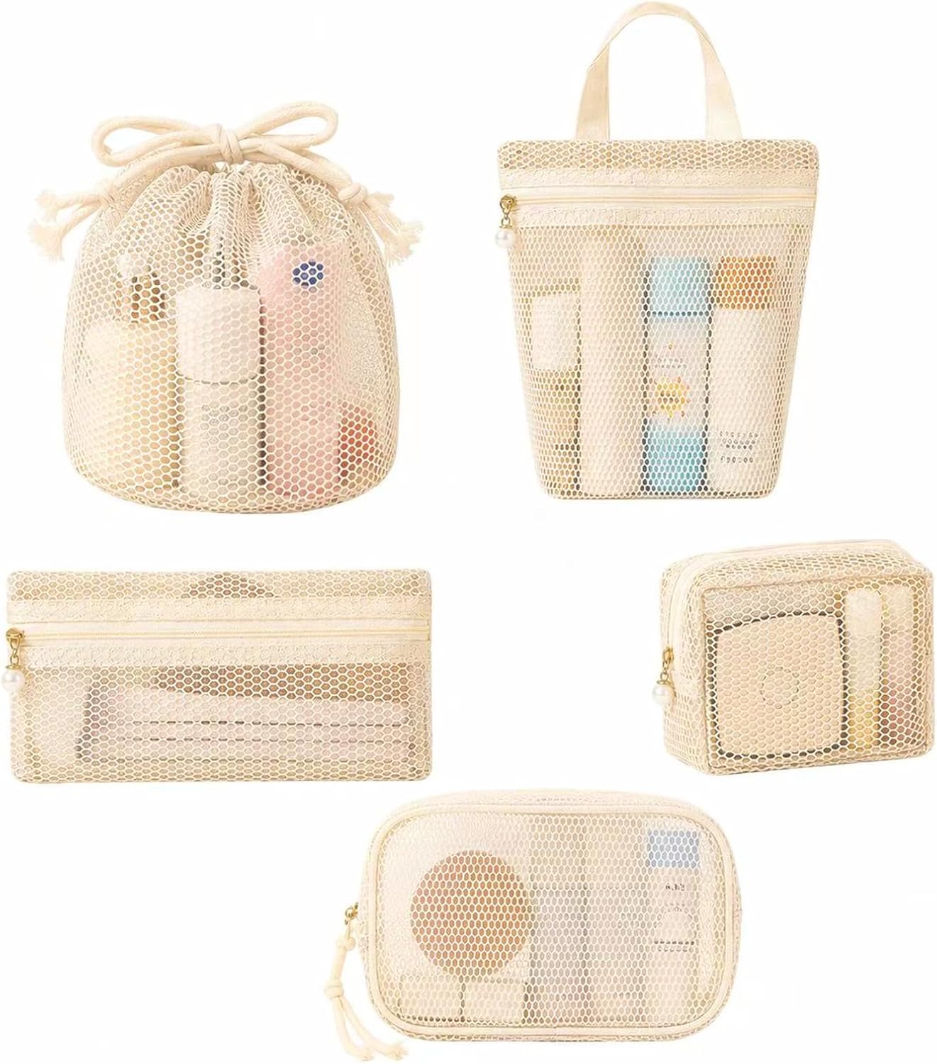 5 Pcs Portable Mesh Shower Caddy Tote Set, Quick Dry Mesh Beach Bag for Women, Portable Toiletry Tote for Bathroom, Gym, Travel, Camp, Beach, for Sunscreen, Dorm & College Essentials
