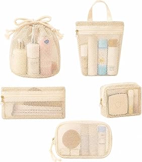 5 Pcs Portable Mesh Shower Caddy Tote Set, Quick Dry Mesh Beach Bag for Women, Portable Toiletry Tote for Bathroom, Gym, Travel, Camp, Beach, for Sunscreen, Dorm & College Essentials (Cream)